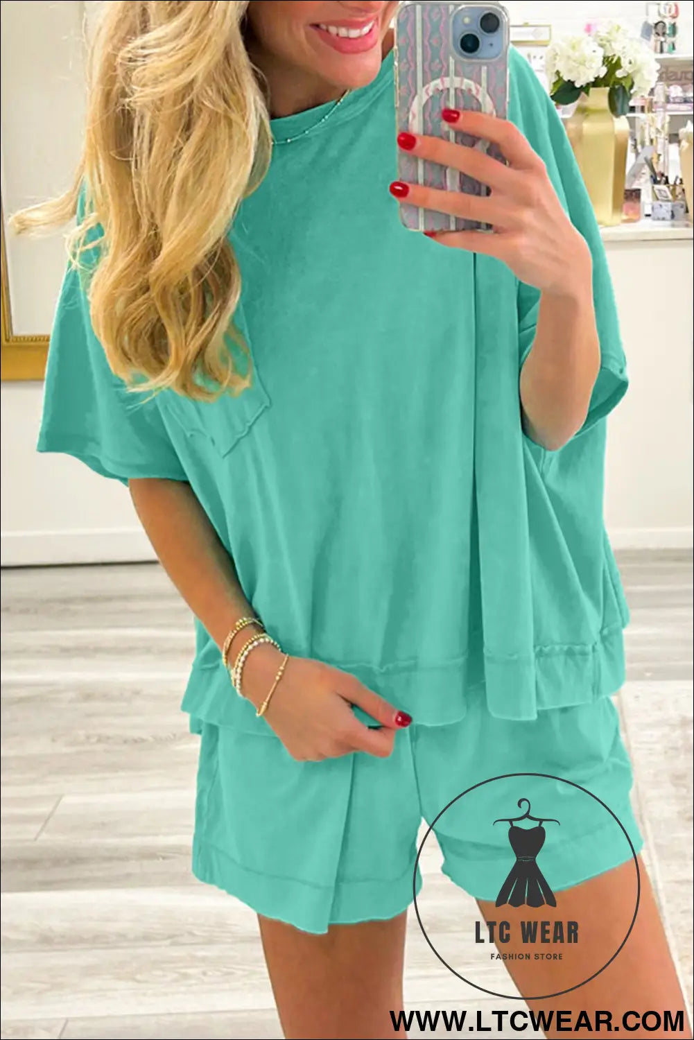 Mint green raw edge patch pocket oversized top and shorts set - mint green / l / 62% polyester + 32% cotton + 6%