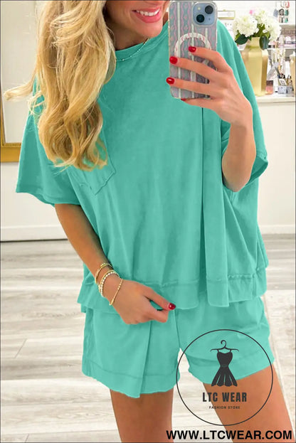 Mint green raw edge patch pocket oversized top and shorts set - mint green / l / 62% polyester + 32% cotton + 6%
