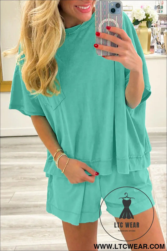 Mint green raw edge patch pocket oversized top and shorts set - mint green / l / 62% polyester + 32% cotton + 6%