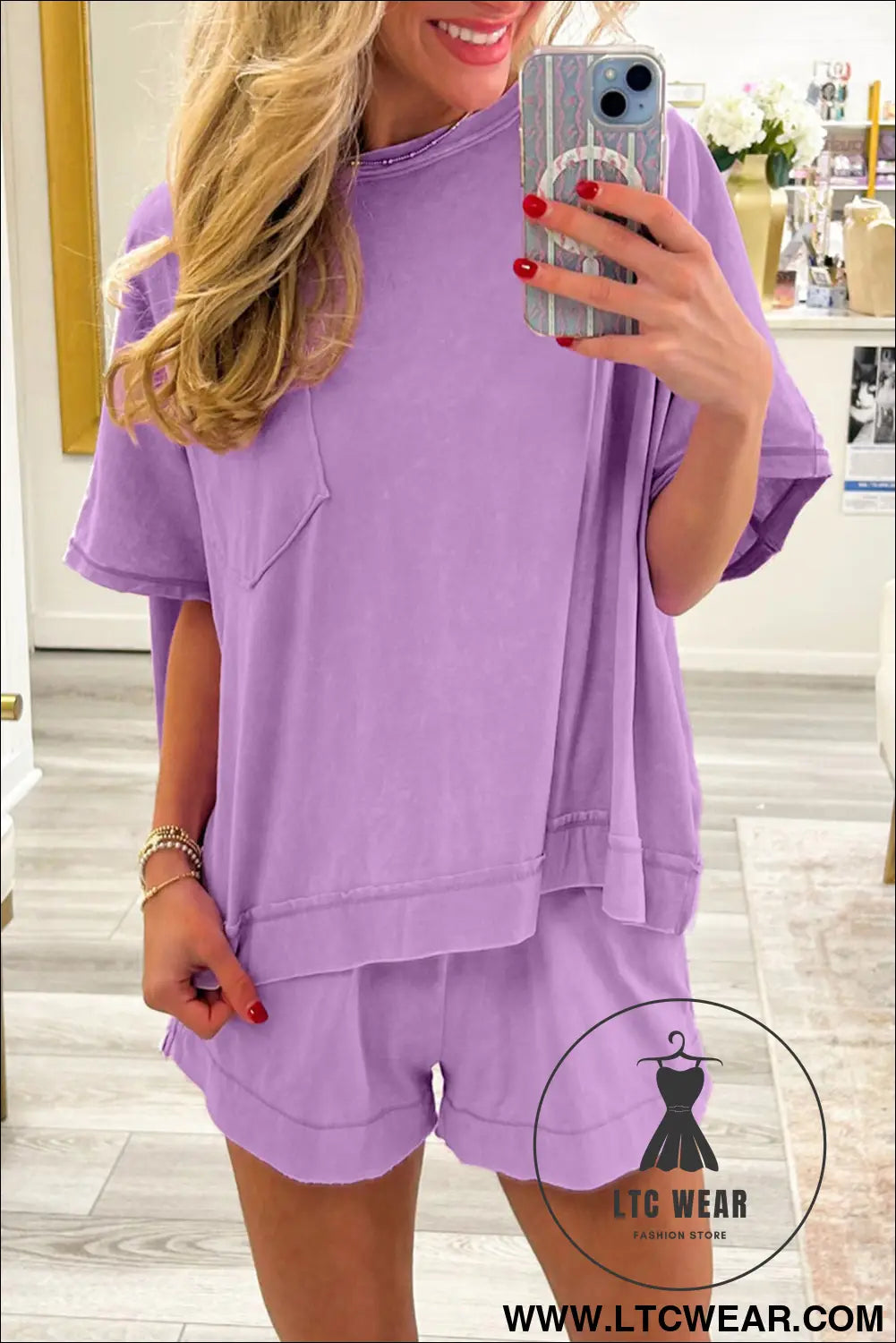 Mint green raw edge patch pocket oversized top and shorts set - orchid bouquet / l / 62% polyester + 32% cotton + 6%