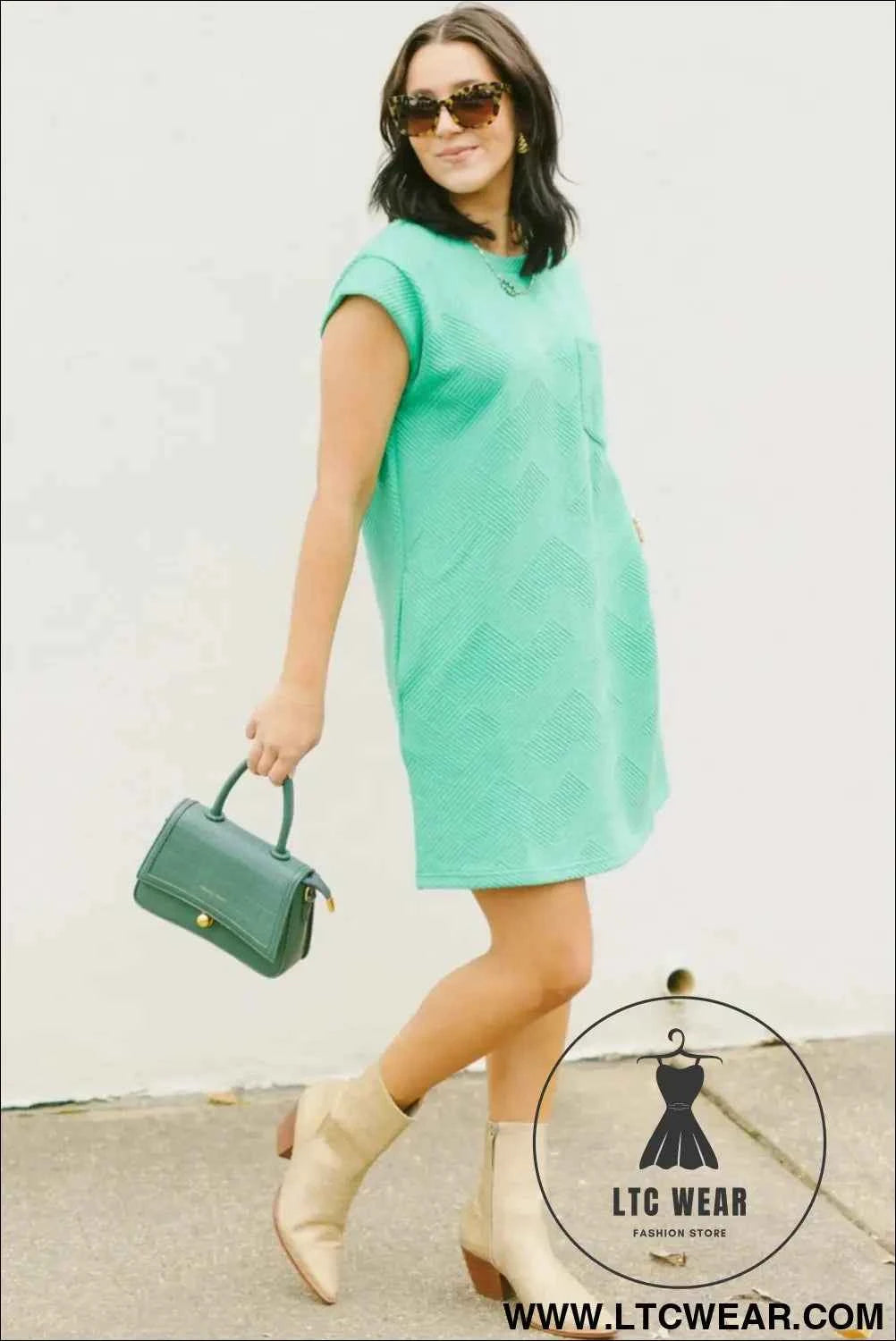 Mint Green Textured Cap Sleeve T Shirt Dress with Pockets