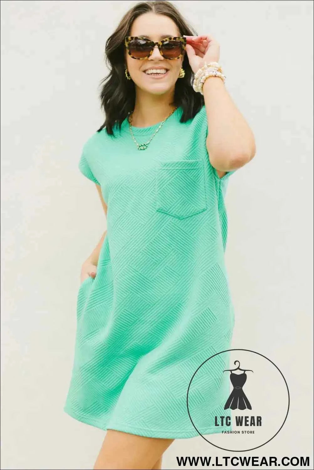 Mint Green Textured Cap Sleeve T Shirt Dress with Pockets