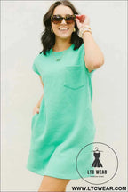 Mint Green Textured Cap Sleeve T Shirt Dress with Pockets