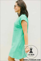 Mint Green Textured Cap Sleeve T Shirt Dress with Pockets