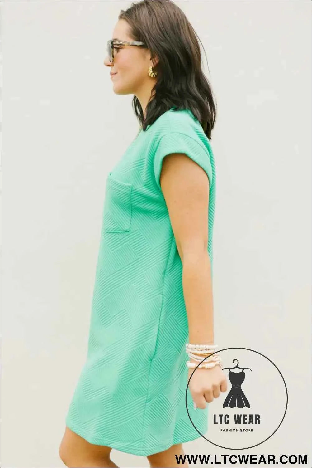 Mint Green Textured Cap Sleeve T Shirt Dress with Pockets