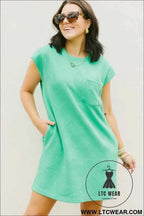 Mint Green Textured Cap Sleeve T Shirt Dress with Pockets