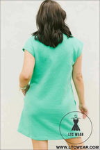 Mint Green Textured Cap Sleeve T Shirt Dress with Pockets