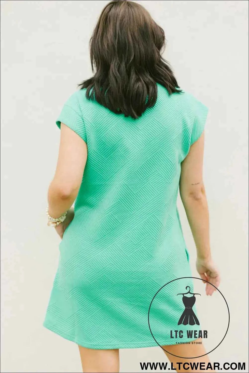 Mint Green Textured Cap Sleeve T Shirt Dress with Pockets