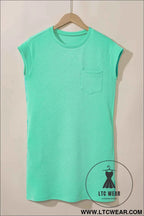 Mint Green Textured Cap Sleeve T Shirt Dress with Pockets