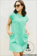 Mint Green Textured Cap Sleeve T Shirt Dress with Pockets