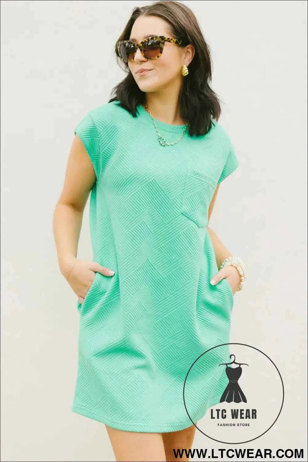 Mint Green Textured Cap Sleeve T Shirt Dress with Pockets
