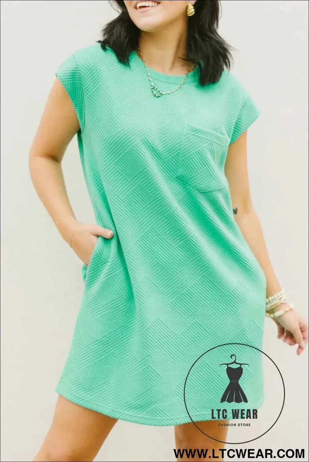 Mint Green Textured Cap Sleeve T Shirt Dress with Pockets