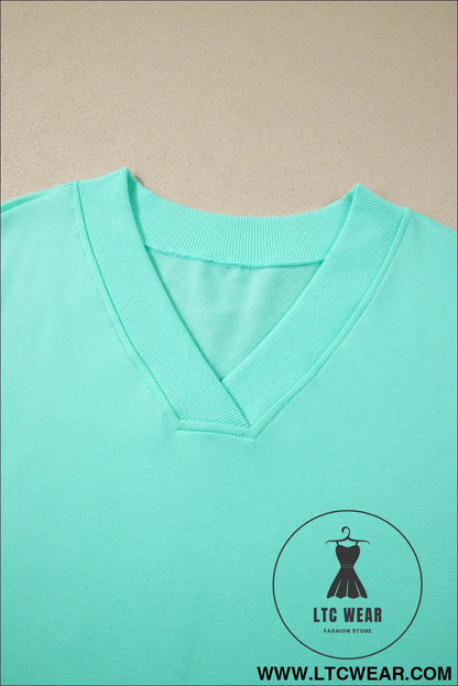 Mint green v neck short sleeve top drawstring shorts 2pcs set - short sets