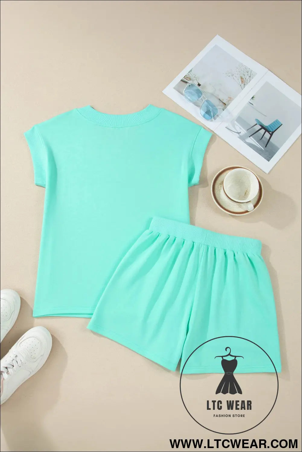 Mint green v neck short sleeve top drawstring shorts 2pcs set - short sets