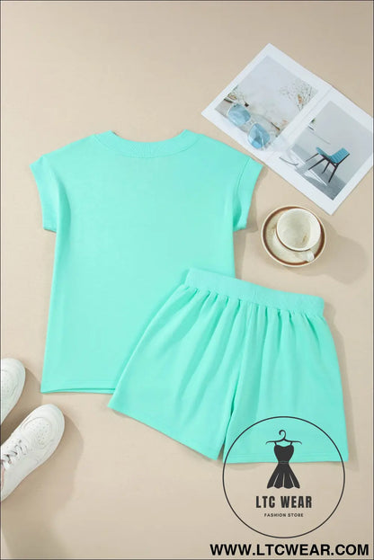 Mint green v neck short sleeve top drawstring shorts 2pcs set - short sets