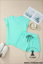Mint green v neck short sleeve top drawstring shorts 2pcs set - short sets