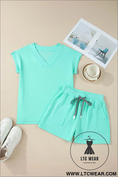 Mint green v neck short sleeve top drawstring shorts 2pcs set - short sets