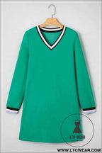 Mint Green Varsity V Neck Long Sleeve Dress with Pockets