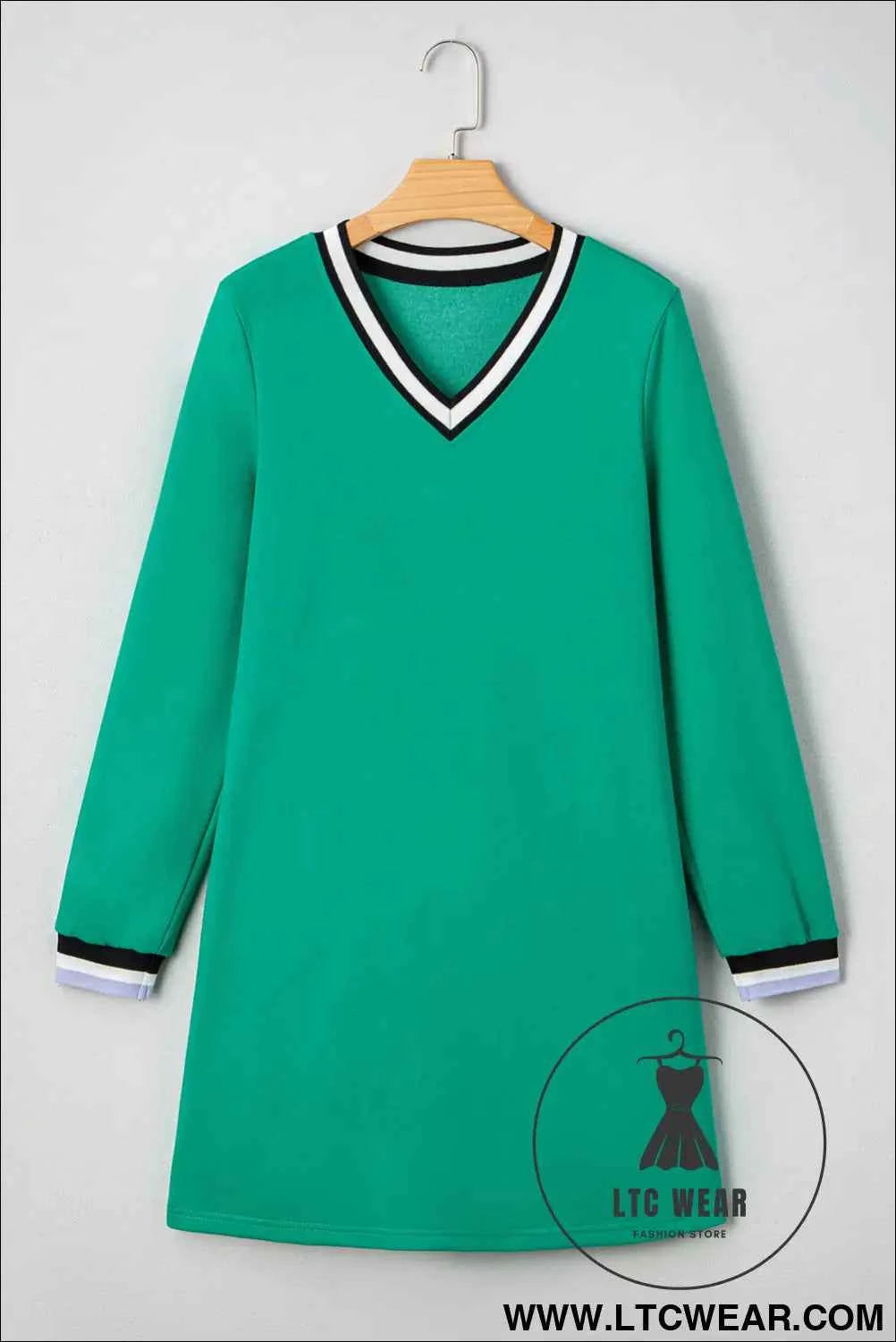 Mint Green Varsity V Neck Long Sleeve Dress with Pockets