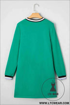 Mint Green Varsity V Neck Long Sleeve Dress with Pockets