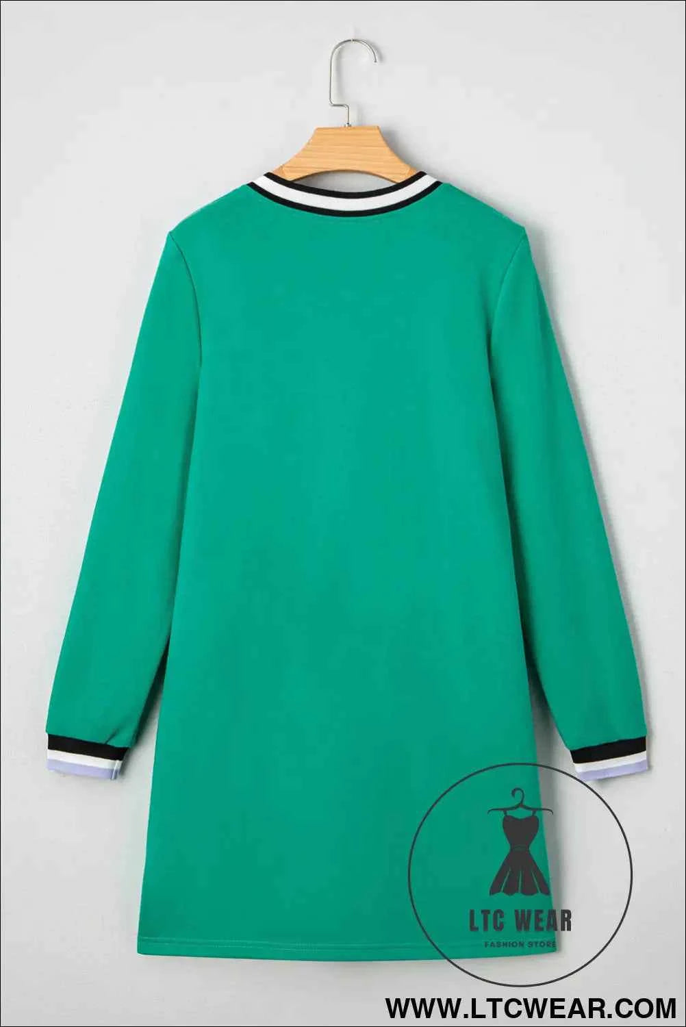 Mint Green Varsity V Neck Long Sleeve Dress with Pockets