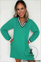 Mint Green Varsity V Neck Long Sleeve Dress with Pockets