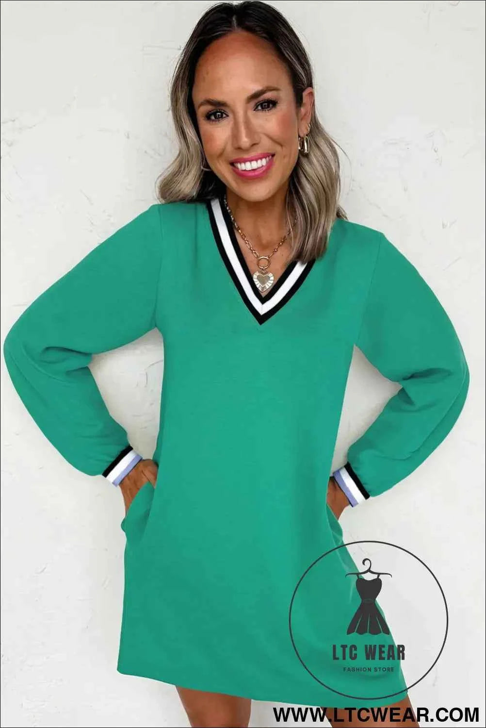 Mint Green Varsity V Neck Long Sleeve Dress with Pockets