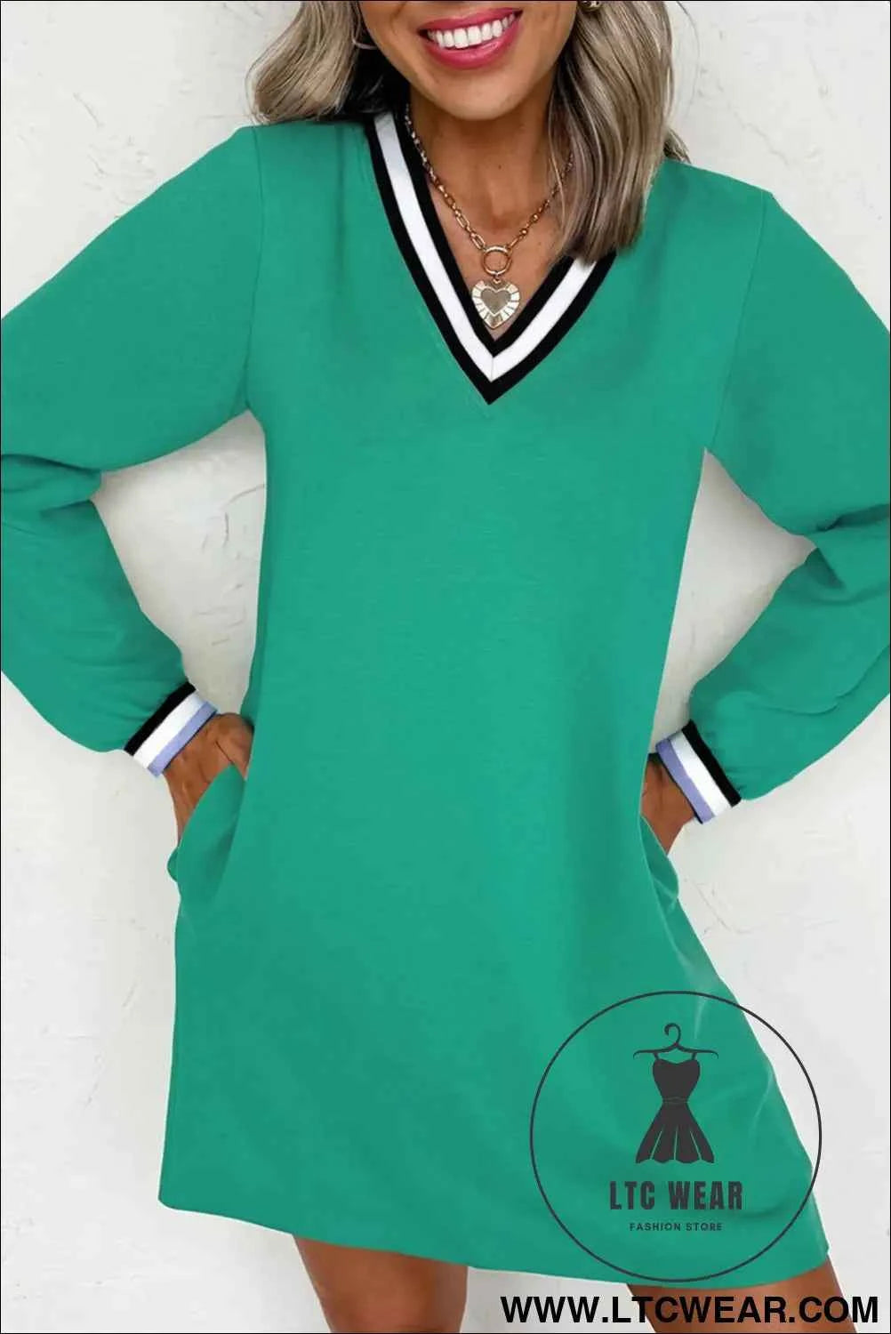 Mint Green Varsity V Neck Long Sleeve Dress with Pockets