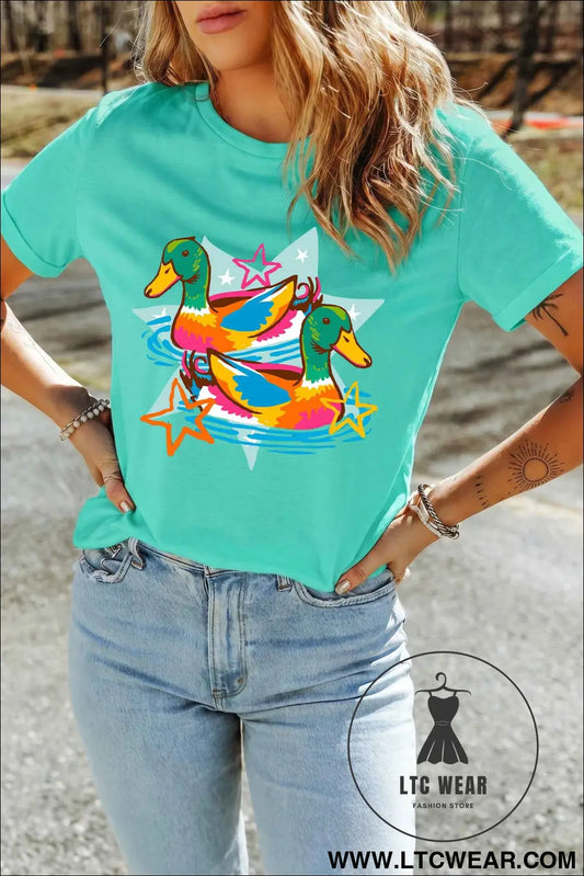 Mint Green Western Duck Graphic Casual Summer T Shirt