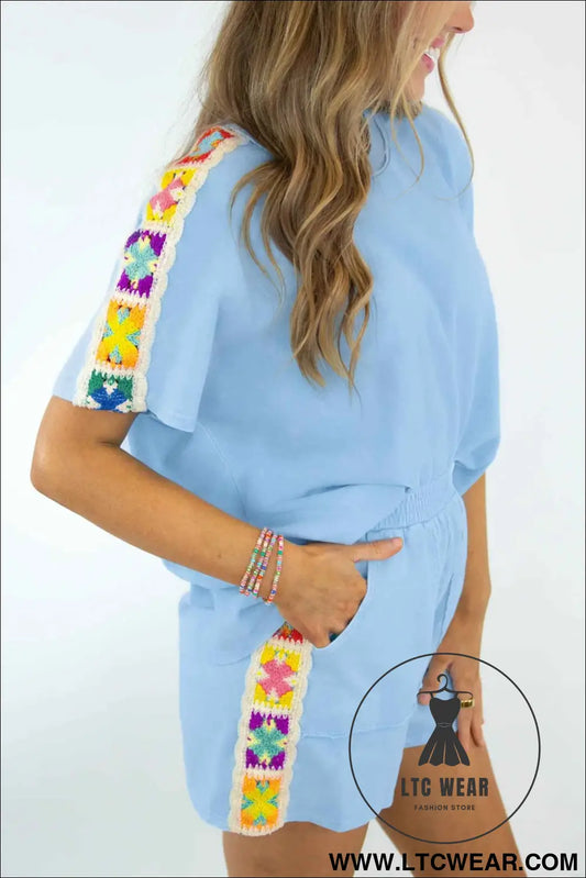 Mist Blue Granny Square Crochet Detail Short 2pcs Set