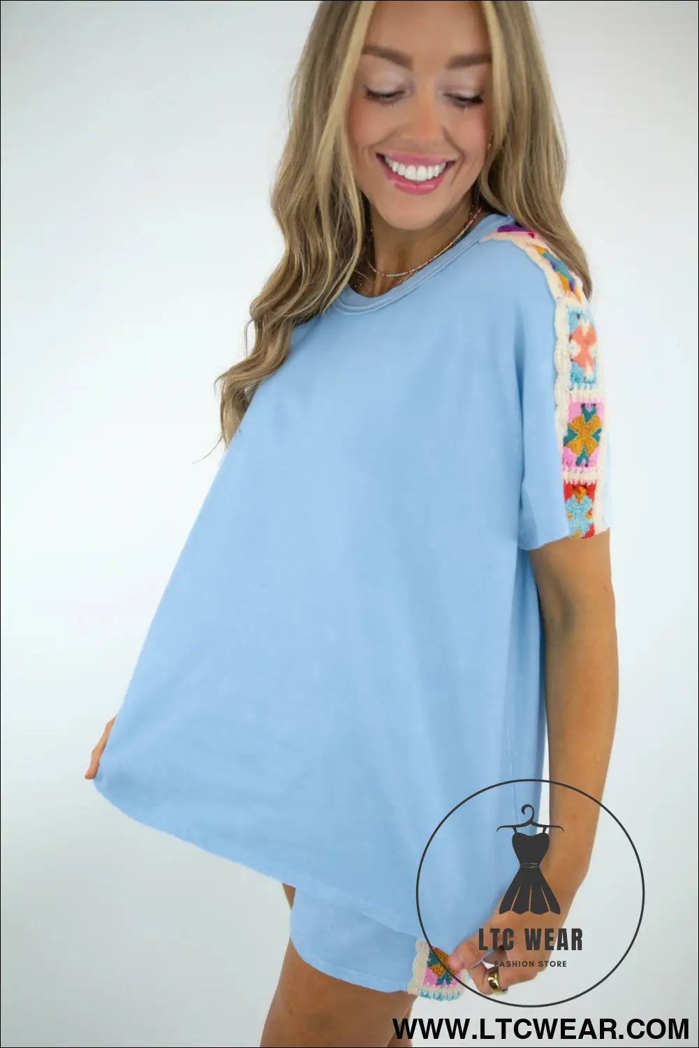 Mist Blue Granny Square Crochet Detail Short 2pcs Set - L.T.C Wear Online Fashion Store