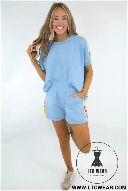 Mist Blue Granny Square Crochet Detail Short 2pcs Set - L.T.C Wear Online Fashion Store