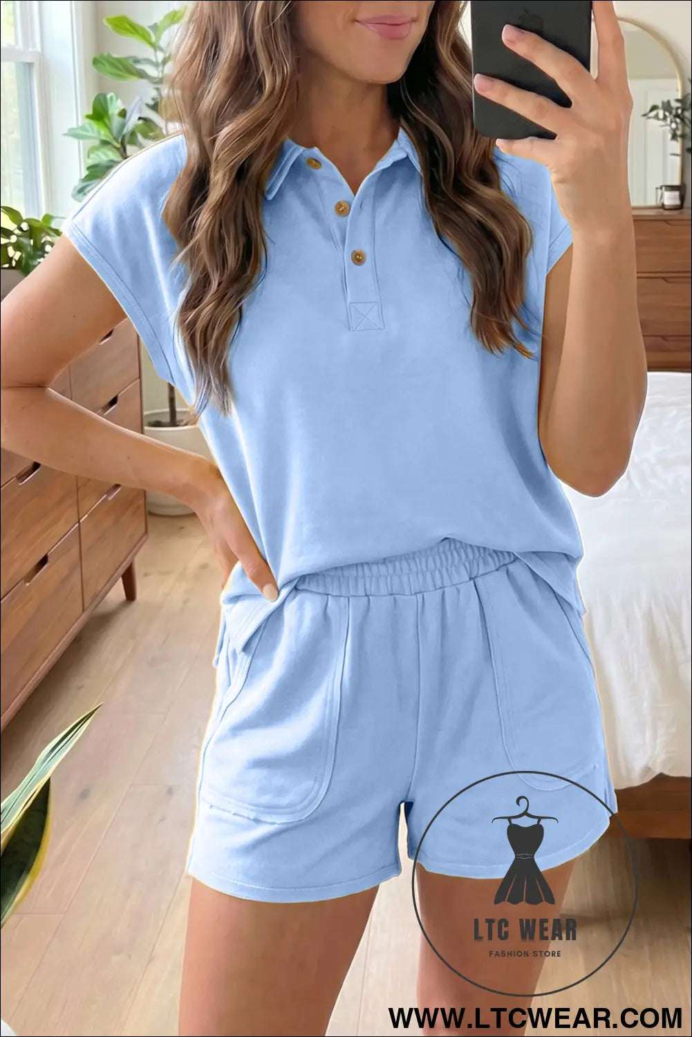 Mist blue loose polo tee elastic waist 2pcs short set - mist blue / l / 80% polyester + 20% cotton - short sets