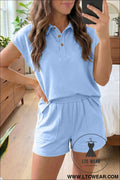 Mist blue loose polo tee elastic waist 2pcs short set - mist blue / l / 80% polyester + 20% cotton - short sets