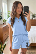 Mist blue loose polo tee elastic waist 2pcs short set - short sets