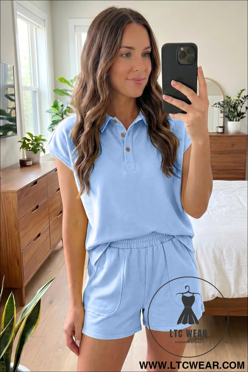 Mist blue loose polo tee elastic waist 2pcs short set - short sets