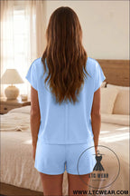 Mist blue loose polo tee elastic waist 2pcs short set - short sets
