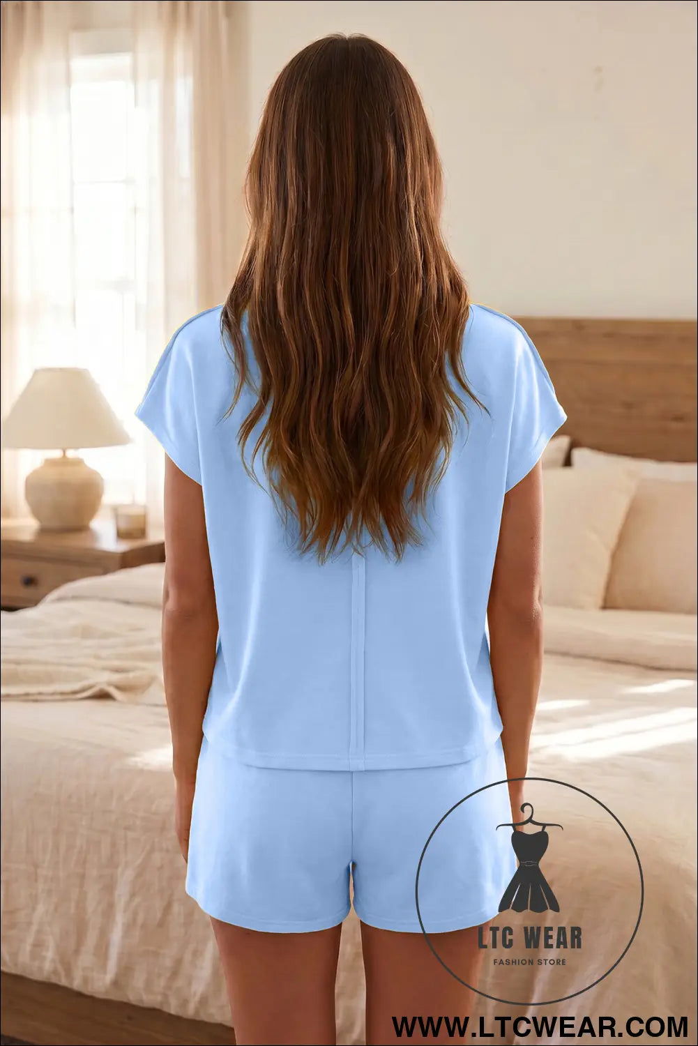 Mist blue loose polo tee elastic waist 2pcs short set - short sets