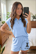 Mist blue loose polo tee elastic waist 2pcs short set - short sets