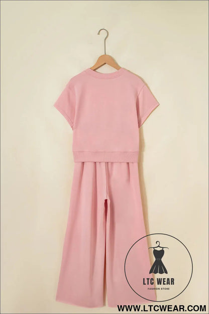 Mist Blue Solid Color Loose Tee Drawstring Wide Leg Pants 2pcs Outfit - L.T.C Wear Online Fashion Store