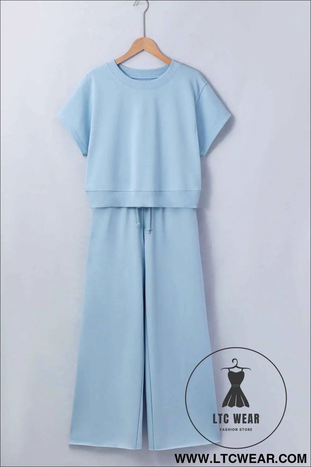 Mist Blue Solid Color Loose Tee Drawstring Wide Leg Pants 2pcs Outfit