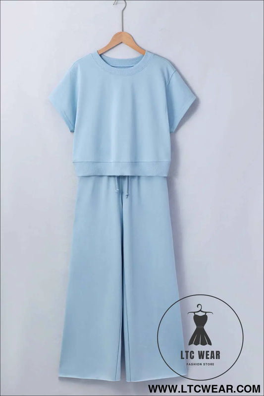 Mist Blue Solid Color Loose Tee Drawstring Wide Leg Pants 2pcs Outfit