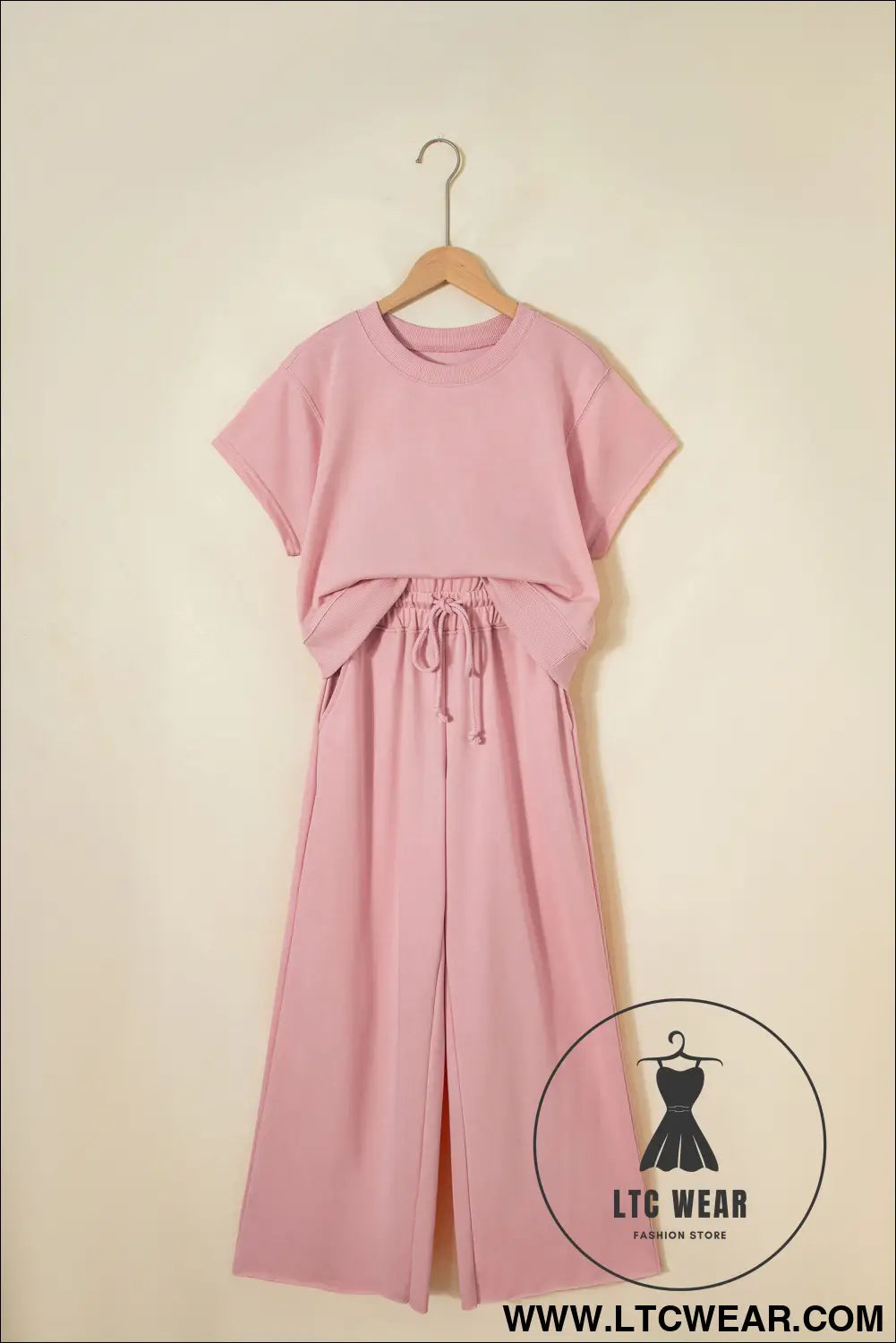 Mist Blue Solid Color Loose Tee Drawstring Wide Leg Pants 2pcs Outfit - L.T.C Wear Online Fashion Store