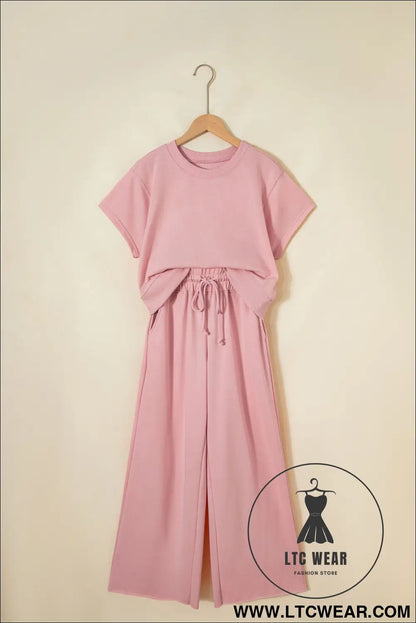 Mist Blue Solid Color Loose Tee Drawstring Wide Leg Pants 2pcs Outfit - L.T.C Wear Online Fashion Store