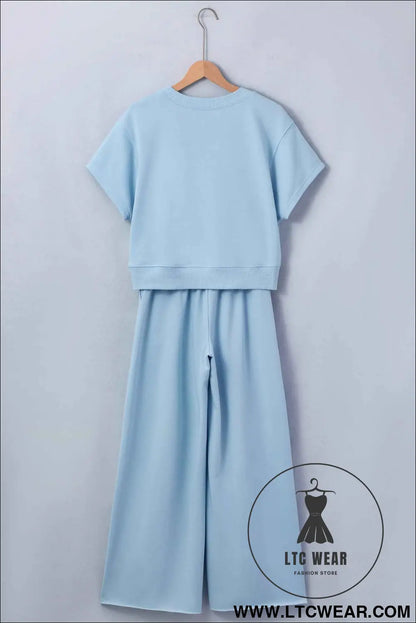 Mist Blue Solid Color Loose Tee Drawstring Wide Leg Pants 2pcs Outfit