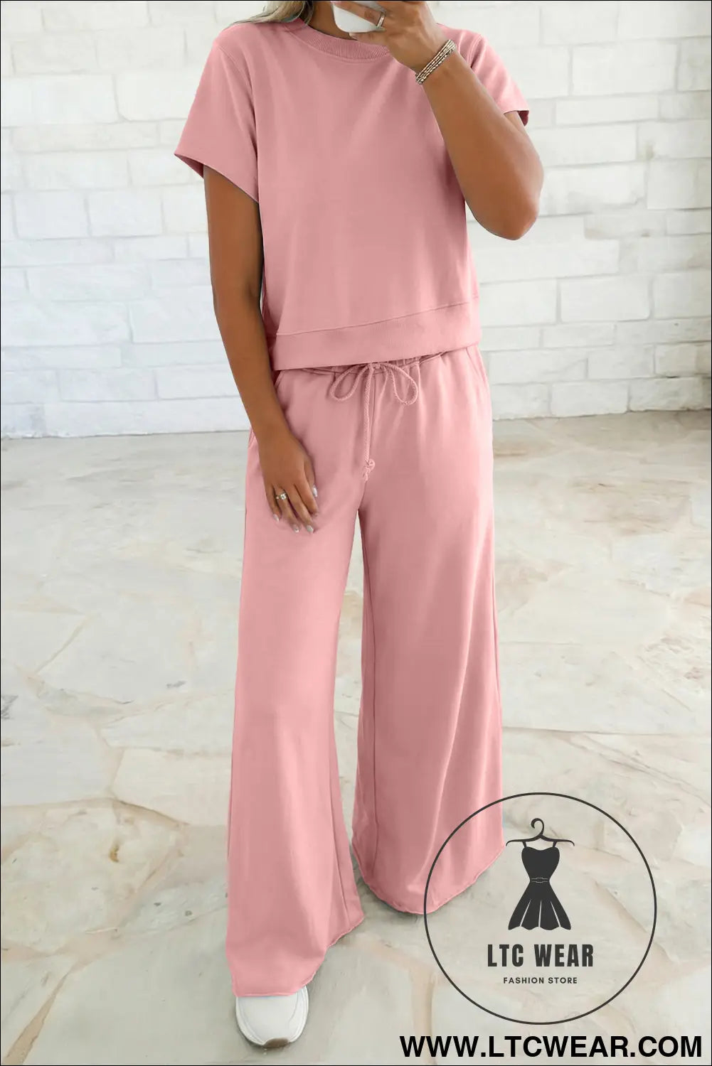 Mist Blue Solid Color Loose Tee Drawstring Wide Leg Pants 2pcs Outfit - L.T.C Wear Online Fashion Store