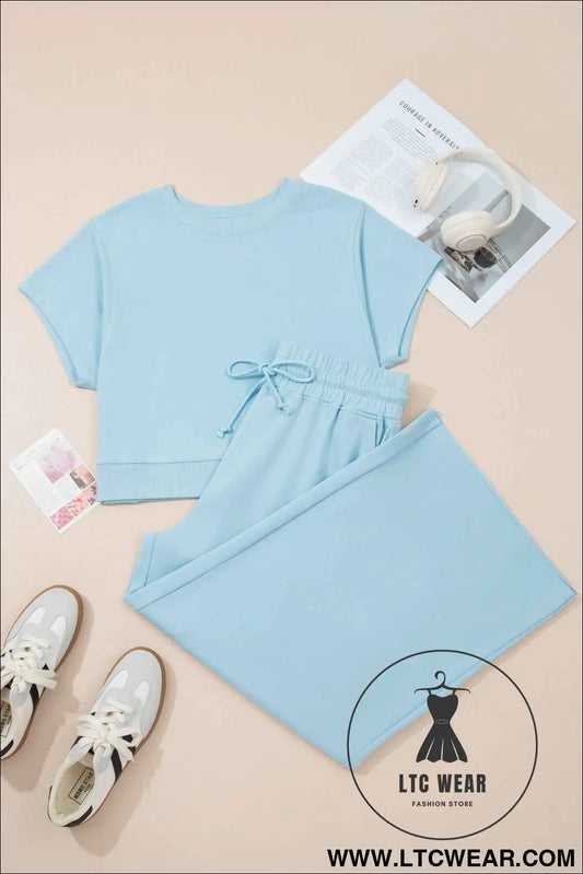 Mist Blue Solid Color Ribbed Trim Short Sleeve Top Drawstring Loose Pants 2pcs Outfit