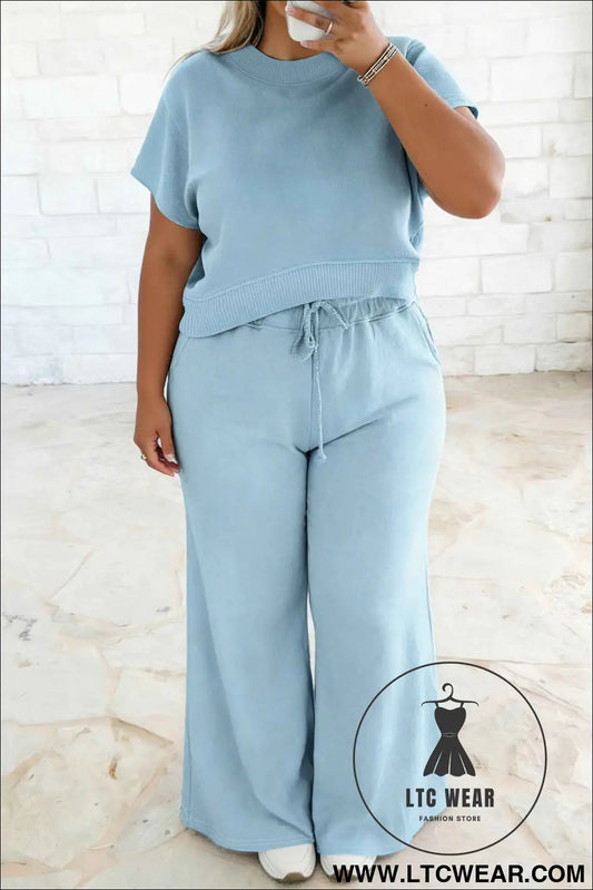 Mist Blue Solid Color Ribbed Trim Short Sleeve Top Drawstring Loose Pants 2pcs Outfit