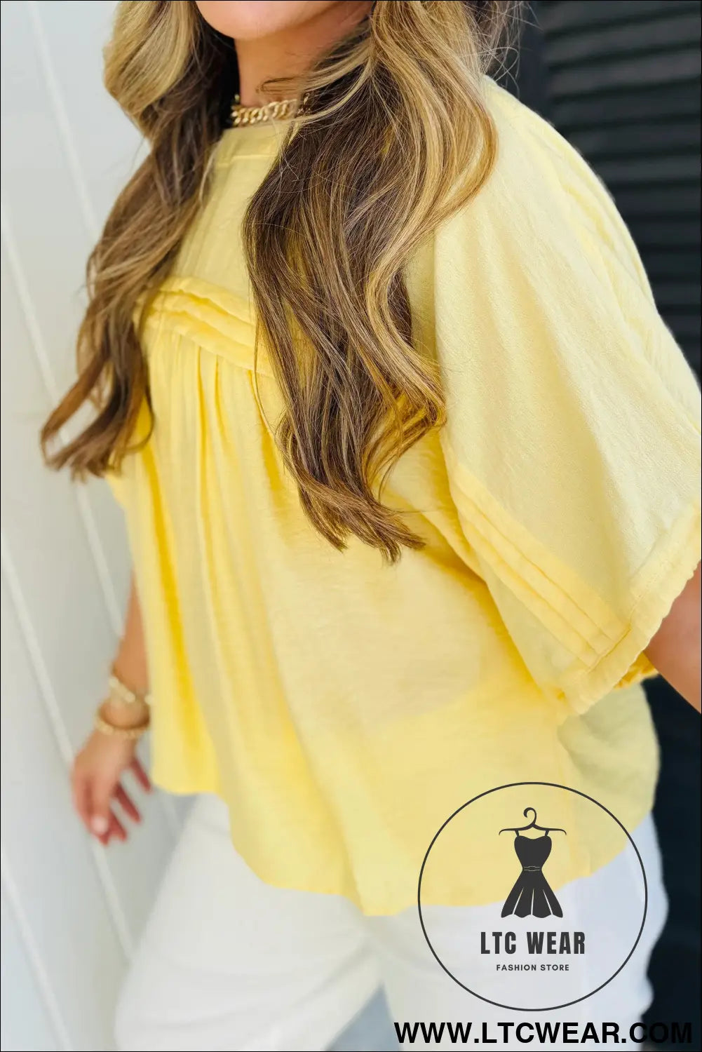 Mist Blue Tie Half Sleeve Pleated Detail Babydoll Blouse - L.T.C Wear Online Fashion Store