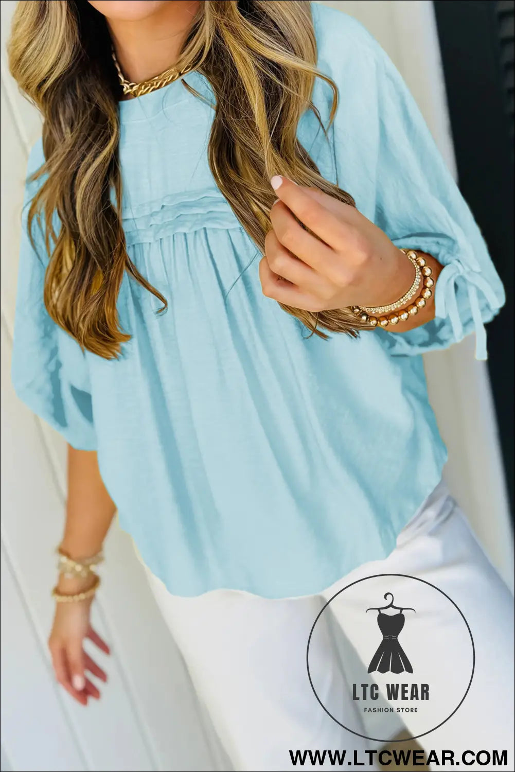 Mist Blue Tie Half Sleeve Pleated Detail Babydoll Blouse - L.T.C Wear Online Fashion Store